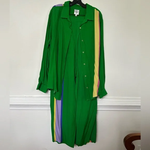 Green Button-Up Shirt with Colorful Stripes and Matching Pants - Picture 1 of 5